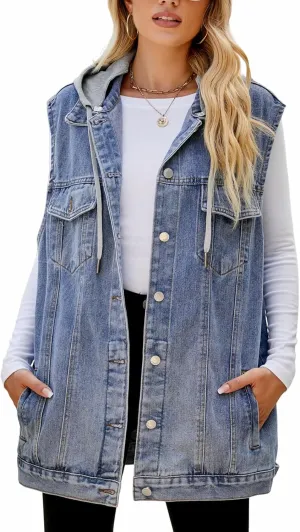 Women's Denim Vest Oversized Casual Classic Sleeveless Button Denim Jacket