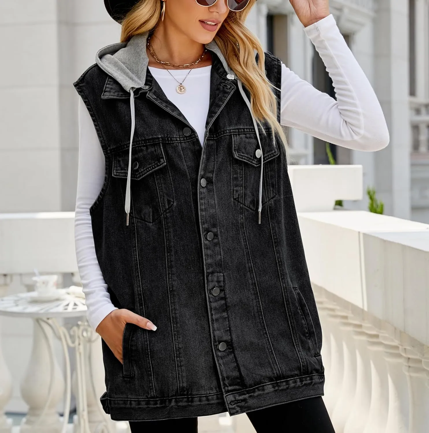Women's Denim Vest Oversized Casual Classic Sleeveless Button Denim Jacket