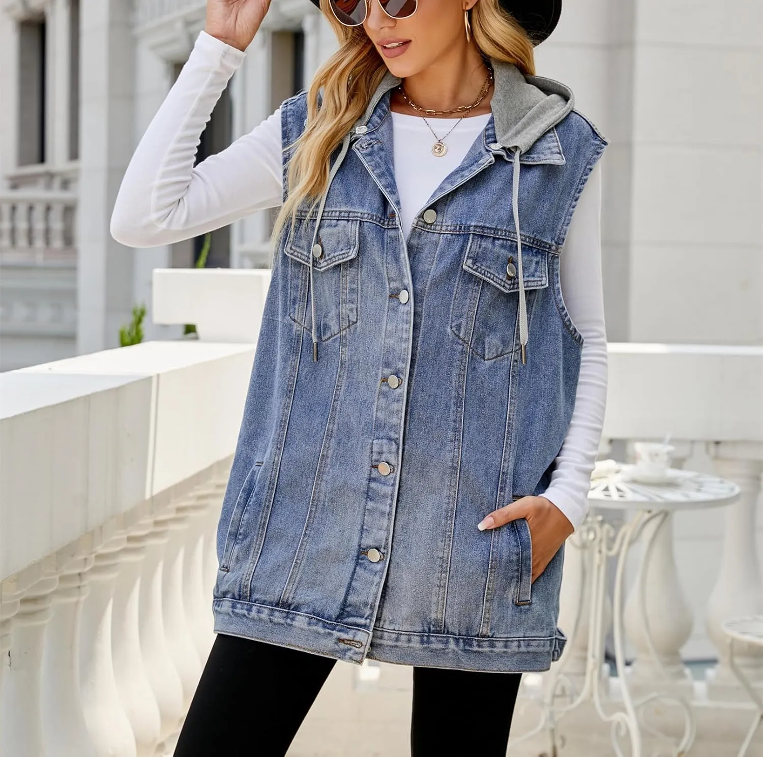 Women's Denim Vest Oversized Casual Classic Sleeveless Button Denim Jacket