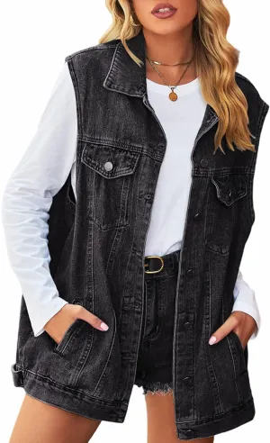 Women's Denim Vest Oversized Casual Classic Sleeveless Button Denim Jacket