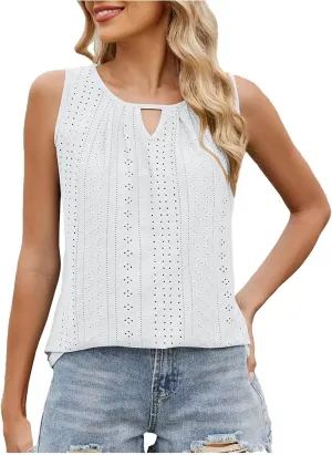 Women's Eyelet Embroidery Tank Tops Summer Keyhole Neck Sleeveless Hollow T-Shirts Casual Beach Coverup Tanks Blouse