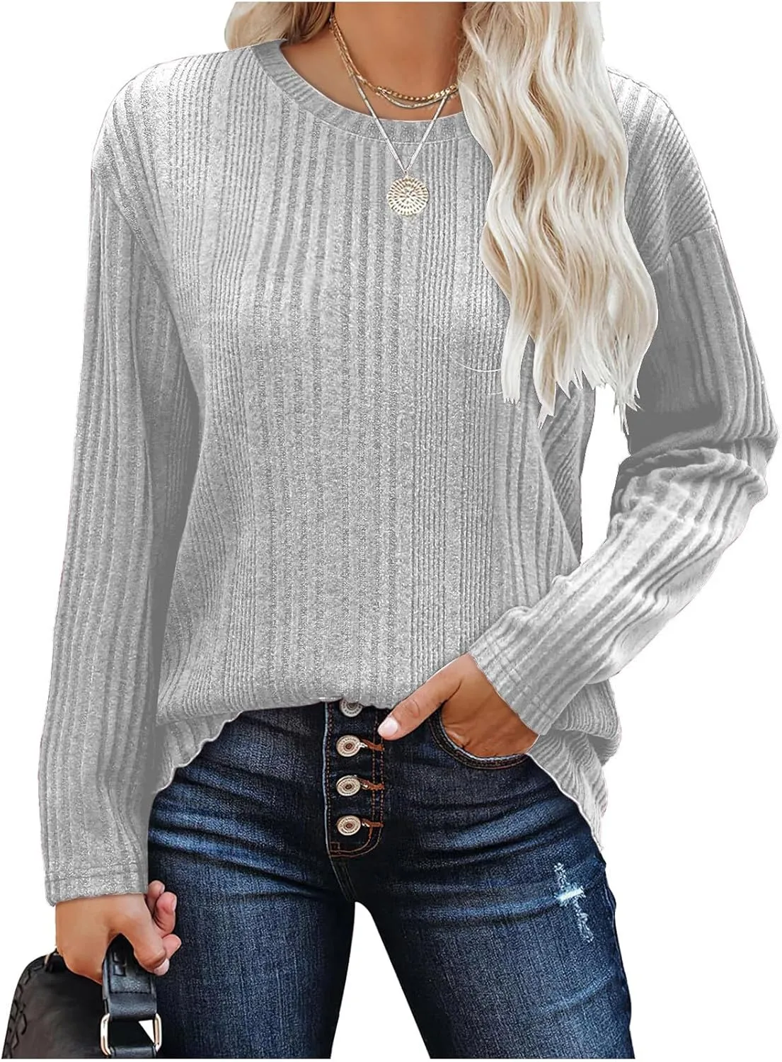 Womens Fall Winter Tops 2024 Soft Long Sleeve Casual Blouses Crewneck Knit Pullover Sweater Tops