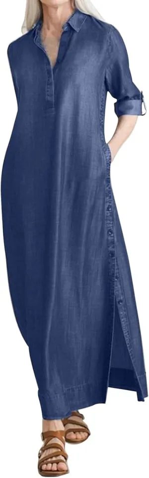 Women's Fashion Denim Dress New Shirt Collar Denim Button Long Skirt Outfits