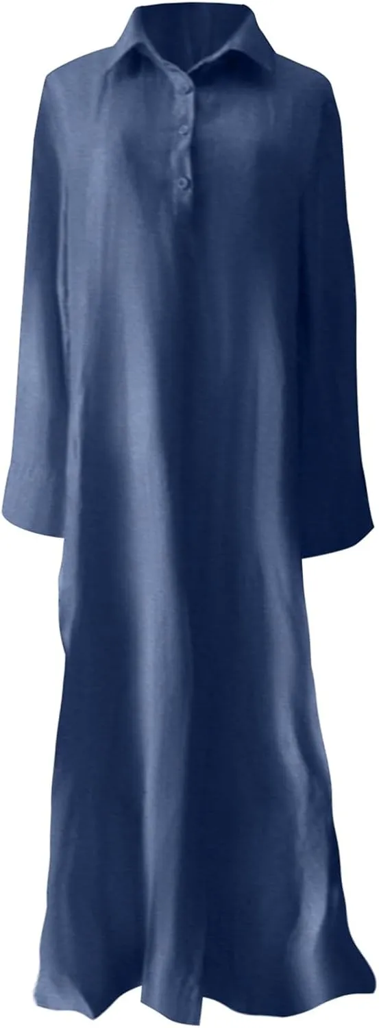 Women's Fashion Denim Dress New Shirt Collar Denim Button Long Skirt Outfits