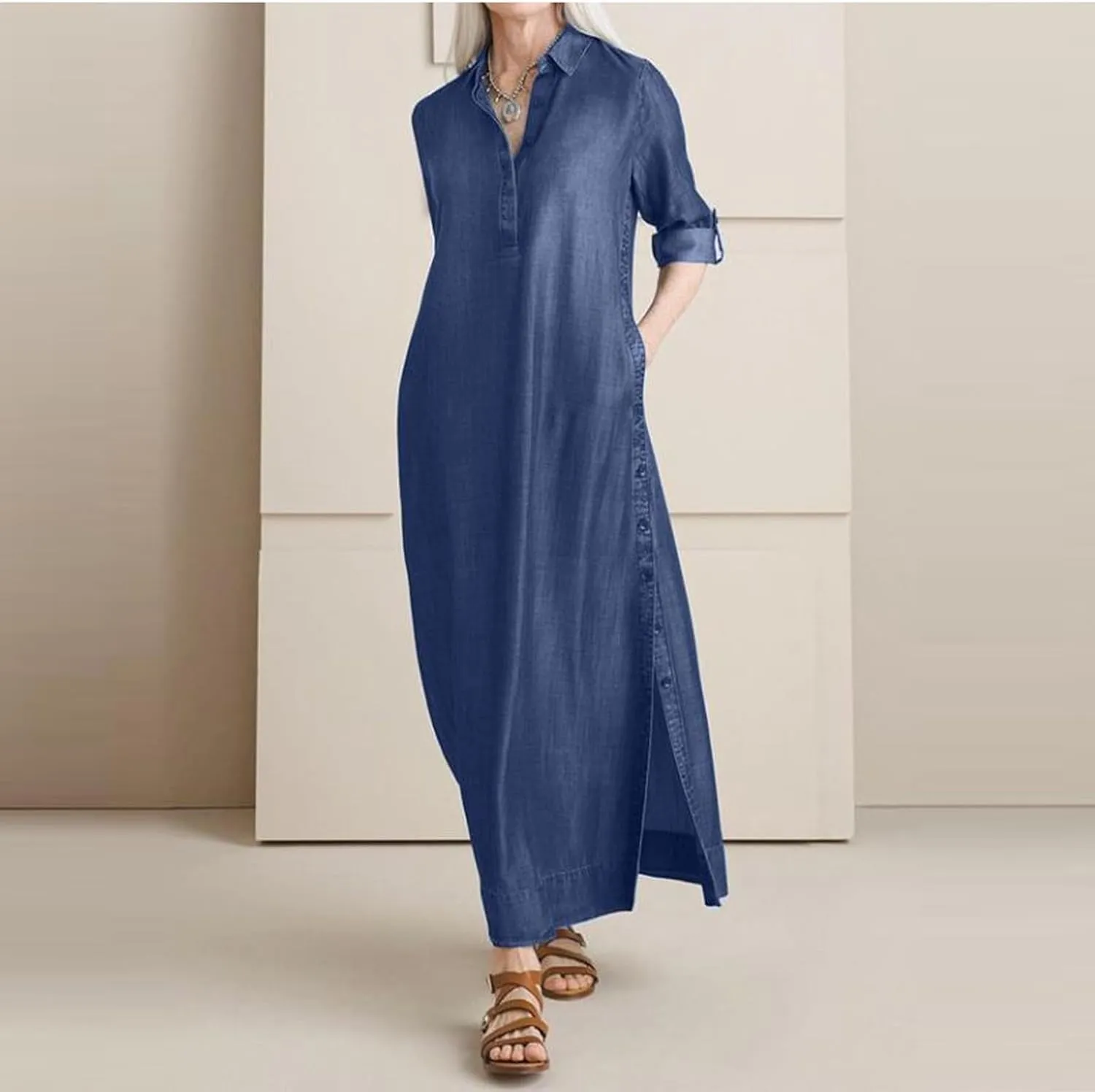 Women's Fashion Denim Dress New Shirt Collar Denim Button Long Skirt Outfits