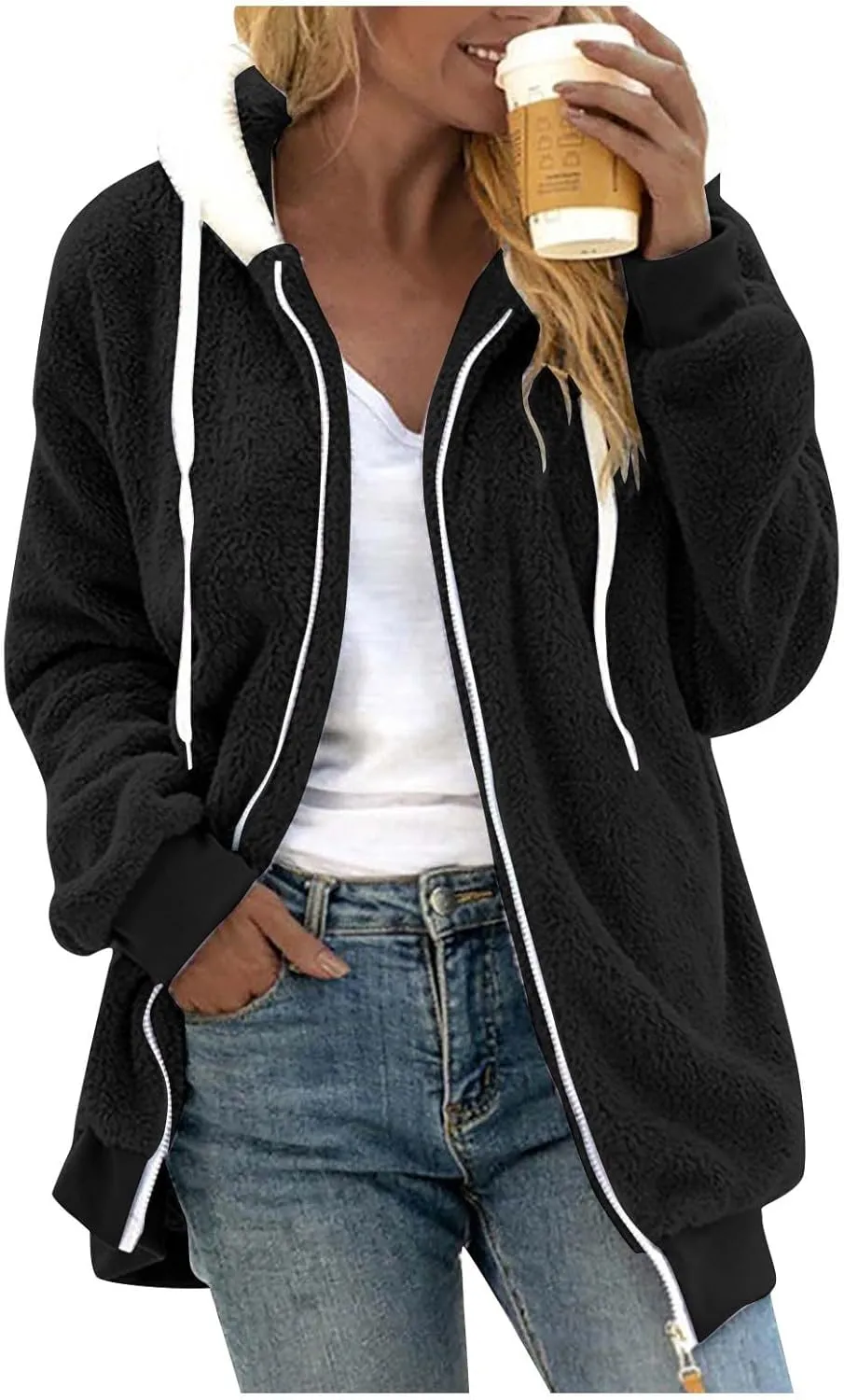 Womens Fleece Coat with Fleece Hood Plus Size Coats Faux Fur Cardigans Winter Outerwear Jackets