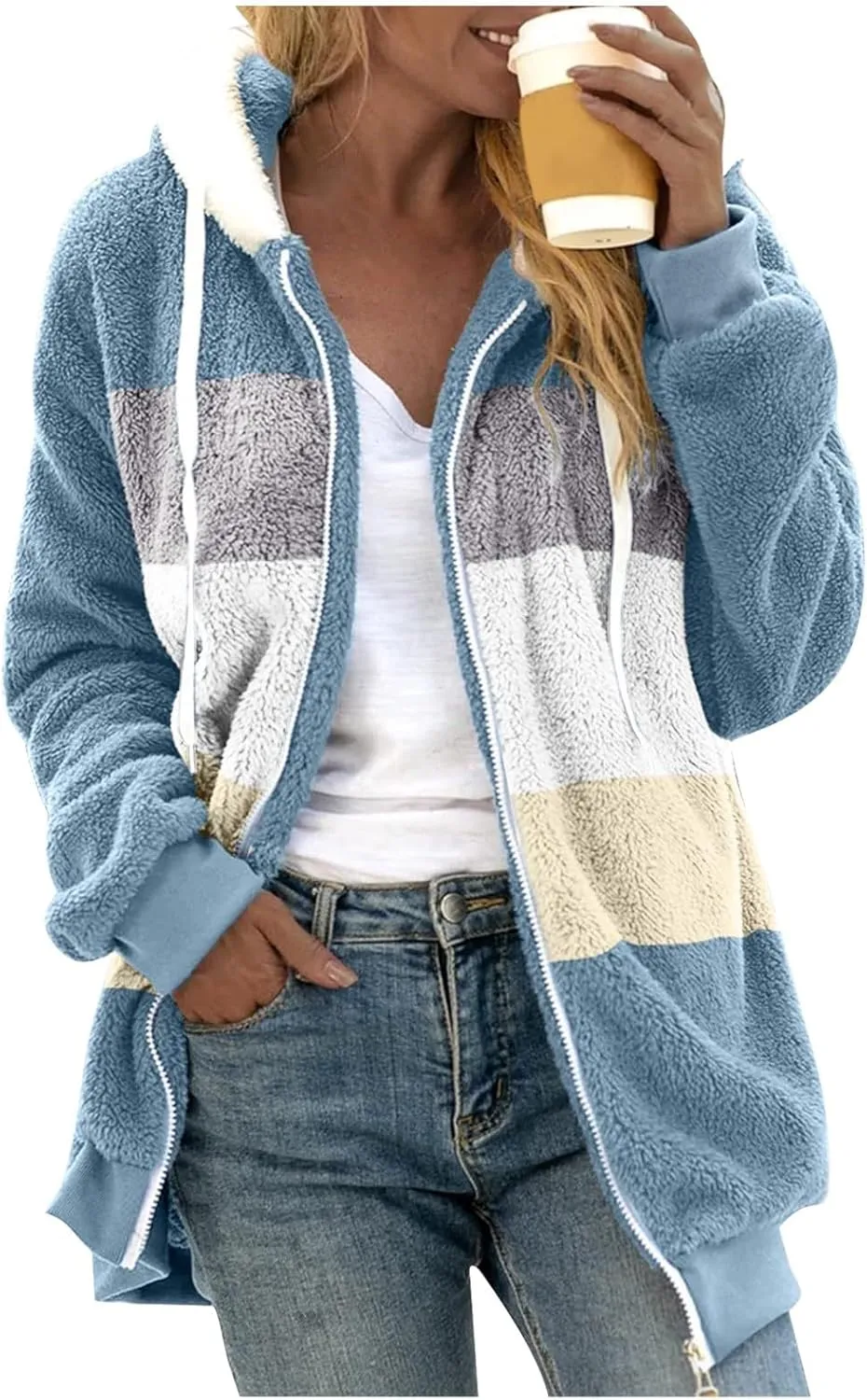 Womens Fleece Coat with Fleece Hood Plus Size Coats Faux Fur Cardigans Winter Outerwear Jackets