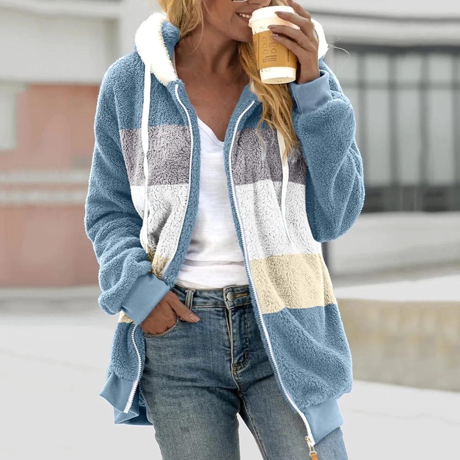 Womens Fleece Coat with Fleece Hood Plus Size Coats Faux Fur Cardigans Winter Outerwear Jackets