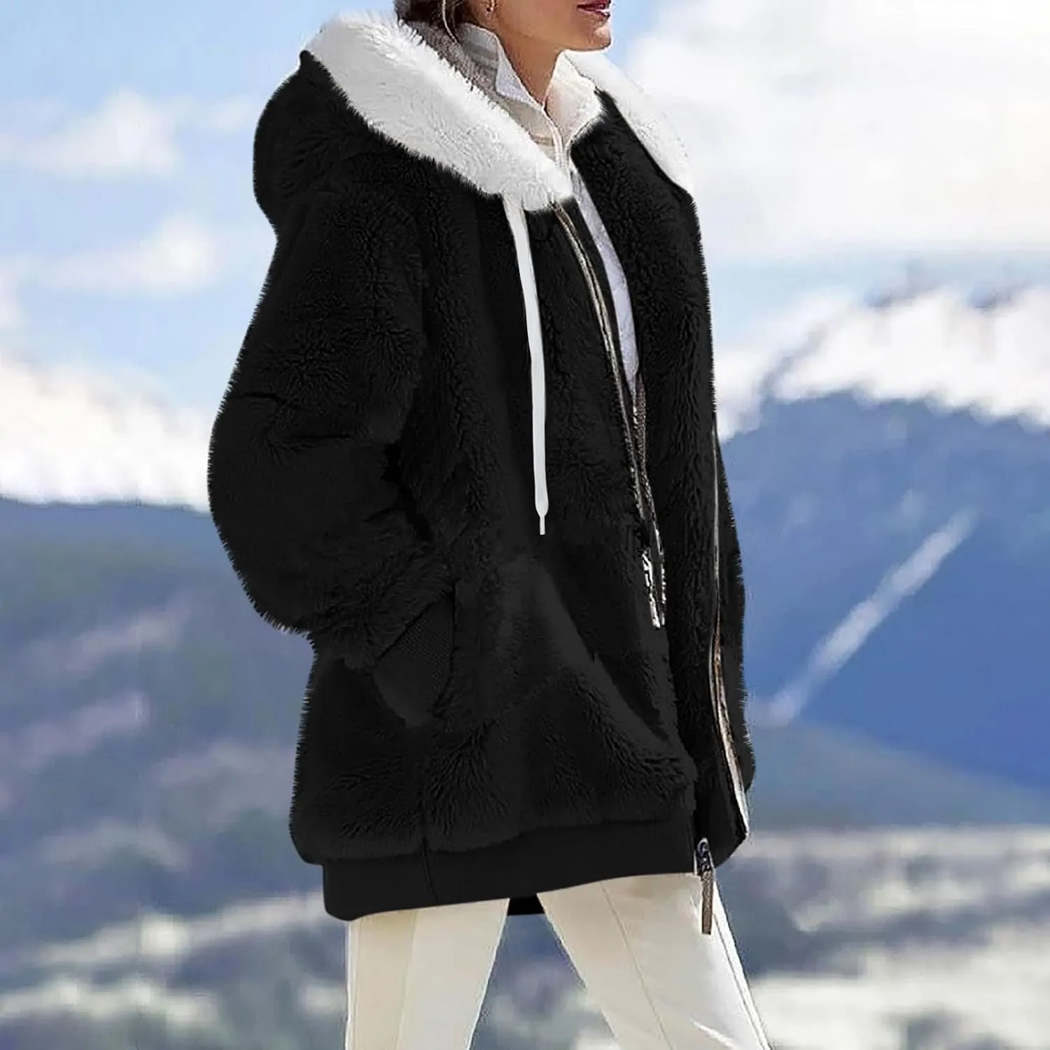 Womens Fleece Coat with Fleece Hood Plus Size Coats Faux Fur Cardigans Winter Outerwear Jackets