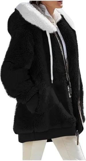 Womens Fleece Coat with Fleece Hood Plus Size Coats Faux Fur Cardigans Winter Outerwear Jackets