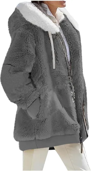 Womens Fleece Coat with Fleece Hood Plus Size Coats Faux Fur Cardigans Winter Outerwear Jackets