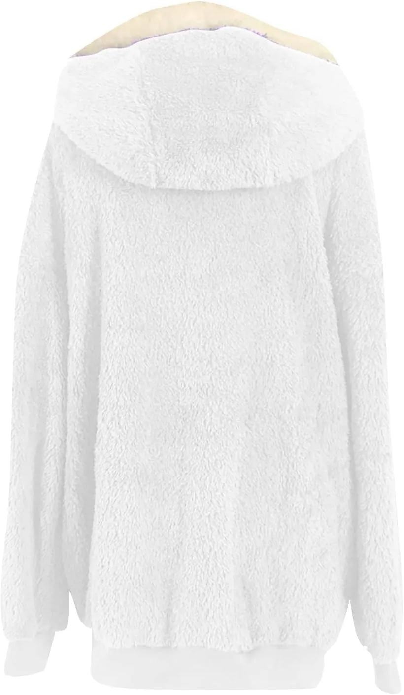 Womens Fleece Jackets Casual Fall Winter Coats Thick Shaggy Fuzzy Zip Up Hoodies Solid Warm Outwear with Pockets