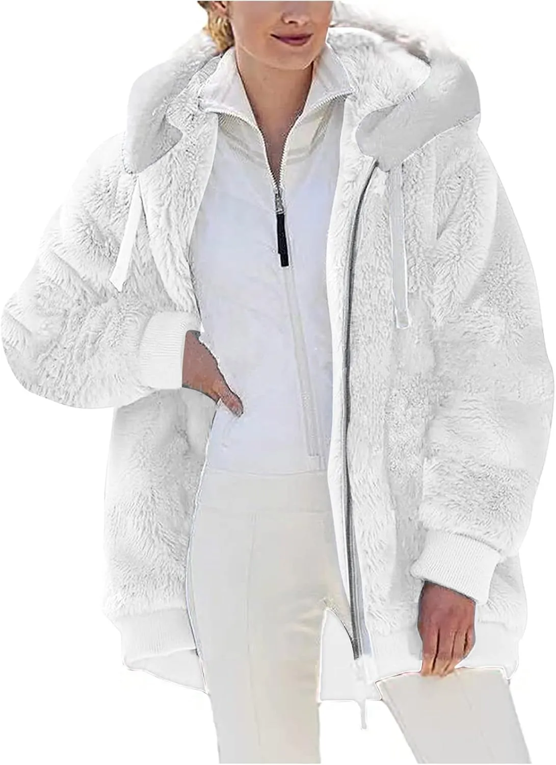 Womens Fleece Jackets Casual Fall Winter Coats Thick Shaggy Fuzzy Zip Up Hoodies Solid Warm Outwear with Pockets