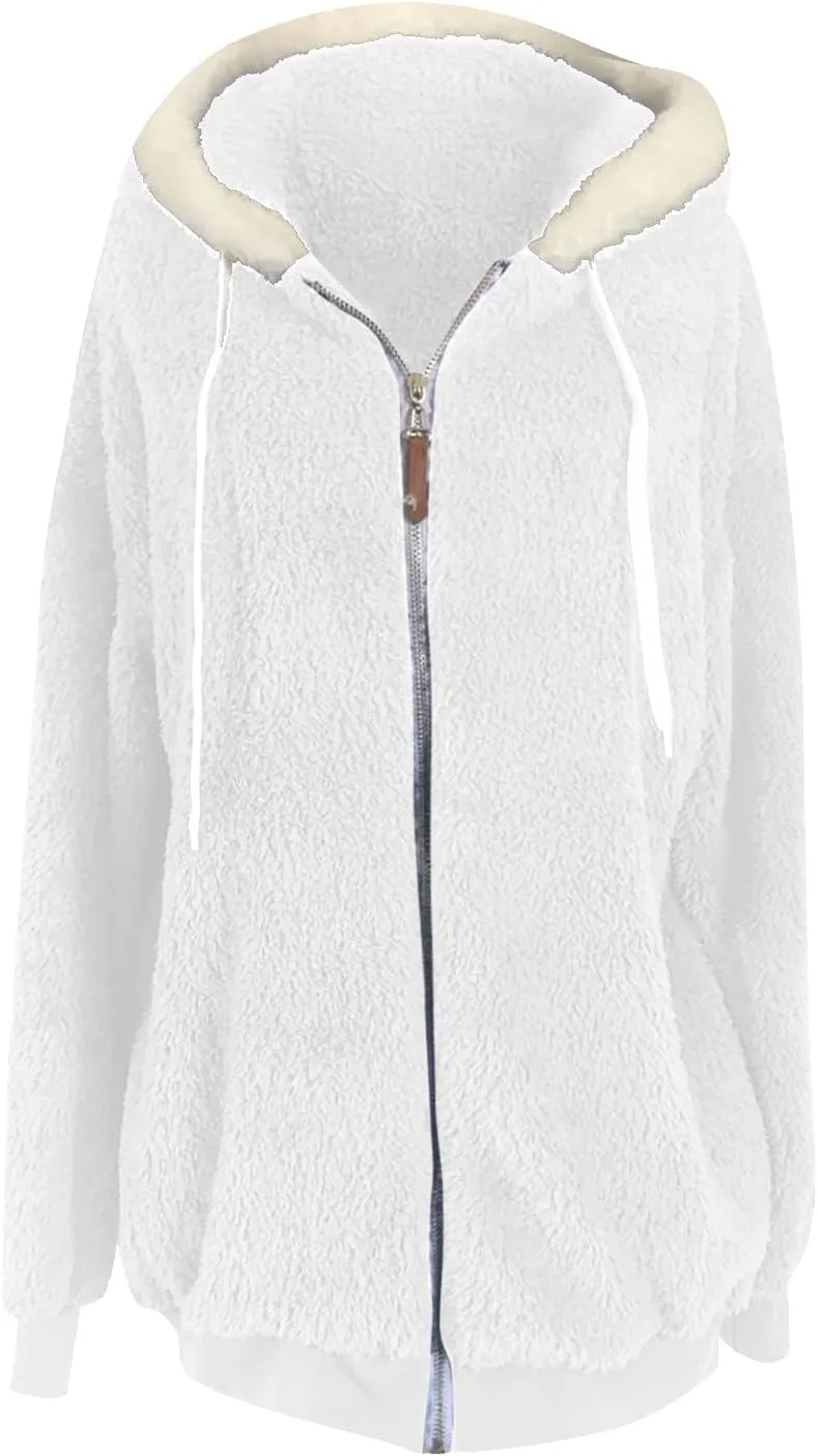Womens Fleece Jackets Casual Fall Winter Coats Thick Shaggy Fuzzy Zip Up Hoodies Solid Warm Outwear with Pockets