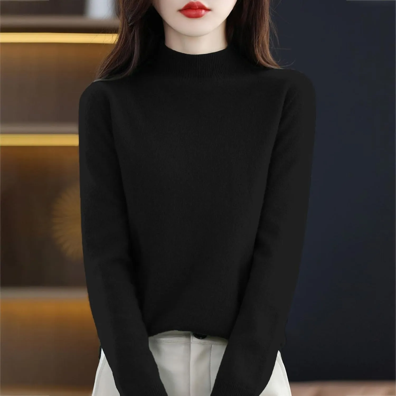 Womens Fleece Pullover Half Turtleneck Solid Color Basic Casual Sweater Tops Fashion Soft Knitted Long Sleeve Sweater