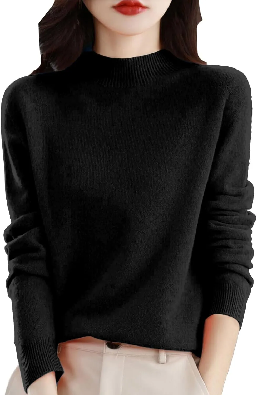 Womens Fleece Pullover Half Turtleneck Solid Color Basic Casual Sweater Tops Fashion Soft Knitted Long Sleeve Sweater