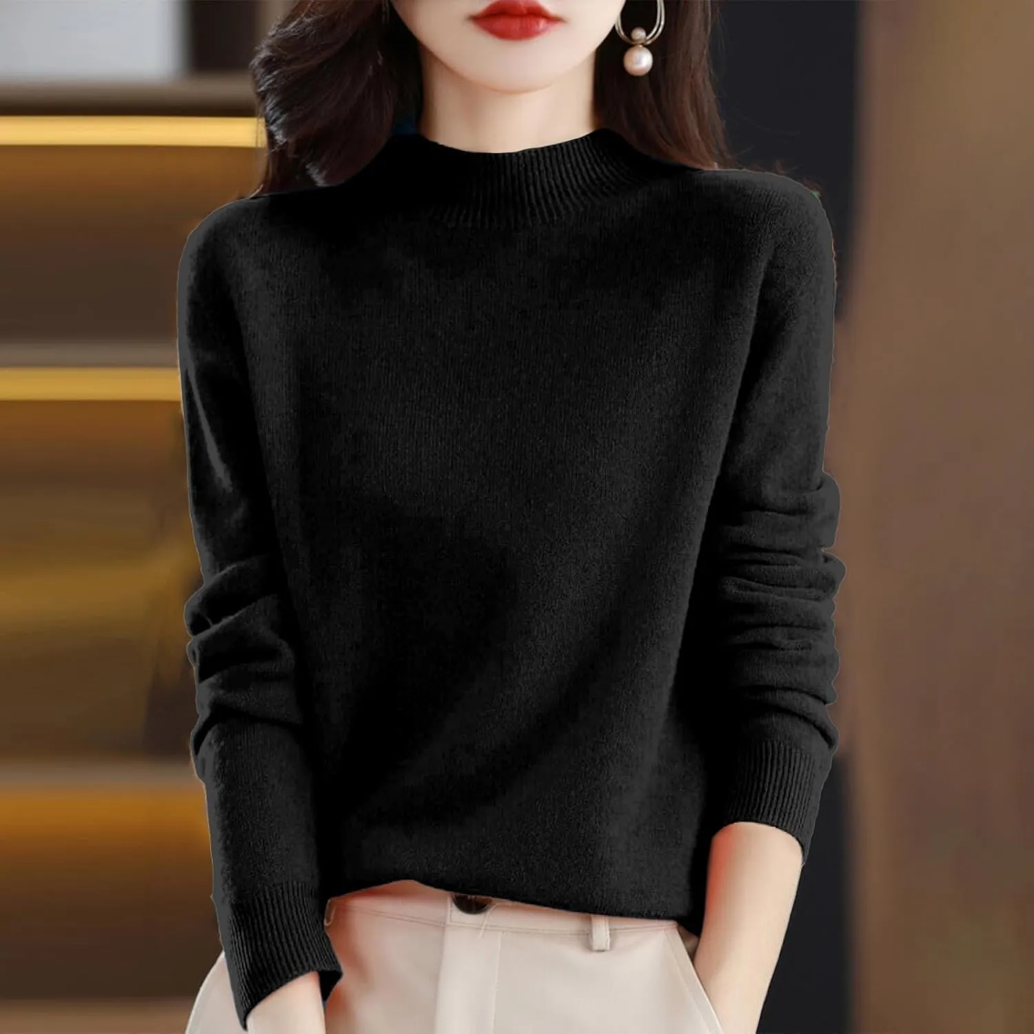 Womens Fleece Pullover Half Turtleneck Solid Color Basic Casual Sweater Tops Fashion Soft Knitted Long Sleeve Sweater