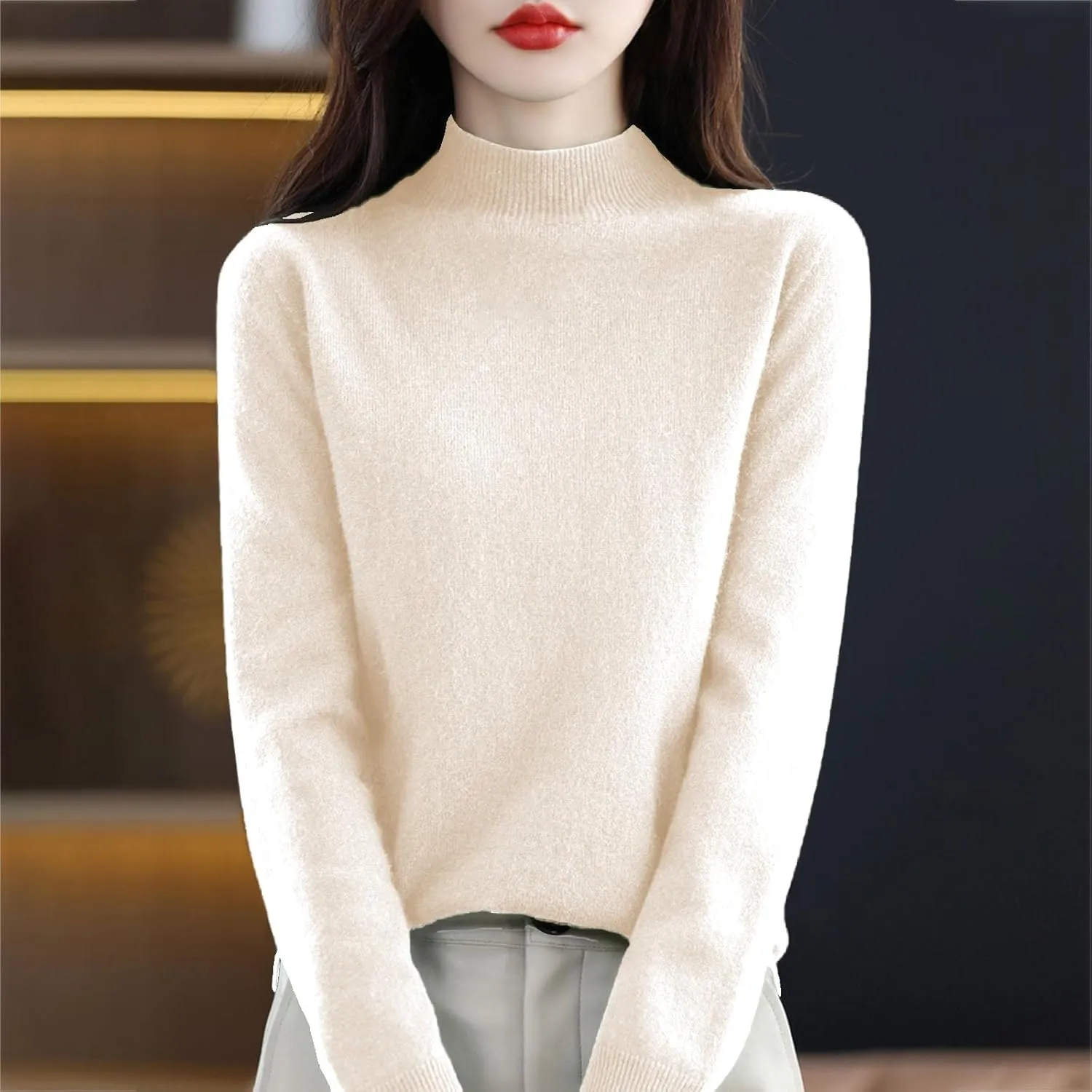 Womens Fleece Pullover Half Turtleneck Solid Color Basic Casual Sweater Tops Fashion Soft Knitted Long Sleeve Sweater