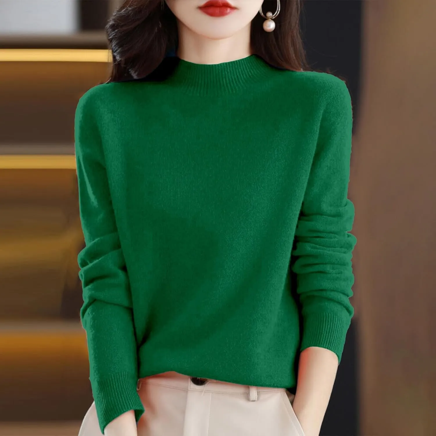 Womens Fleece Pullover Half Turtleneck Solid Color Basic Casual Sweater Tops Fashion Soft Knitted Long Sleeve Sweater