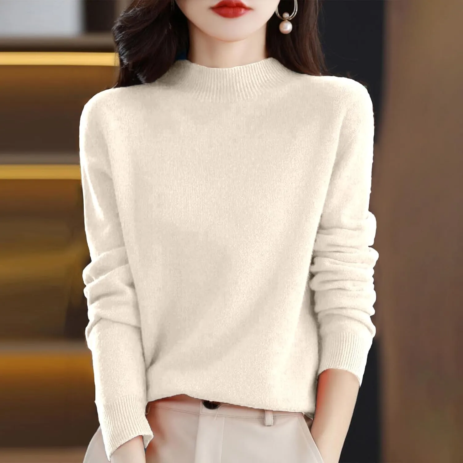 Womens Fleece Pullover Half Turtleneck Solid Color Basic Casual Sweater Tops Fashion Soft Knitted Long Sleeve Sweater