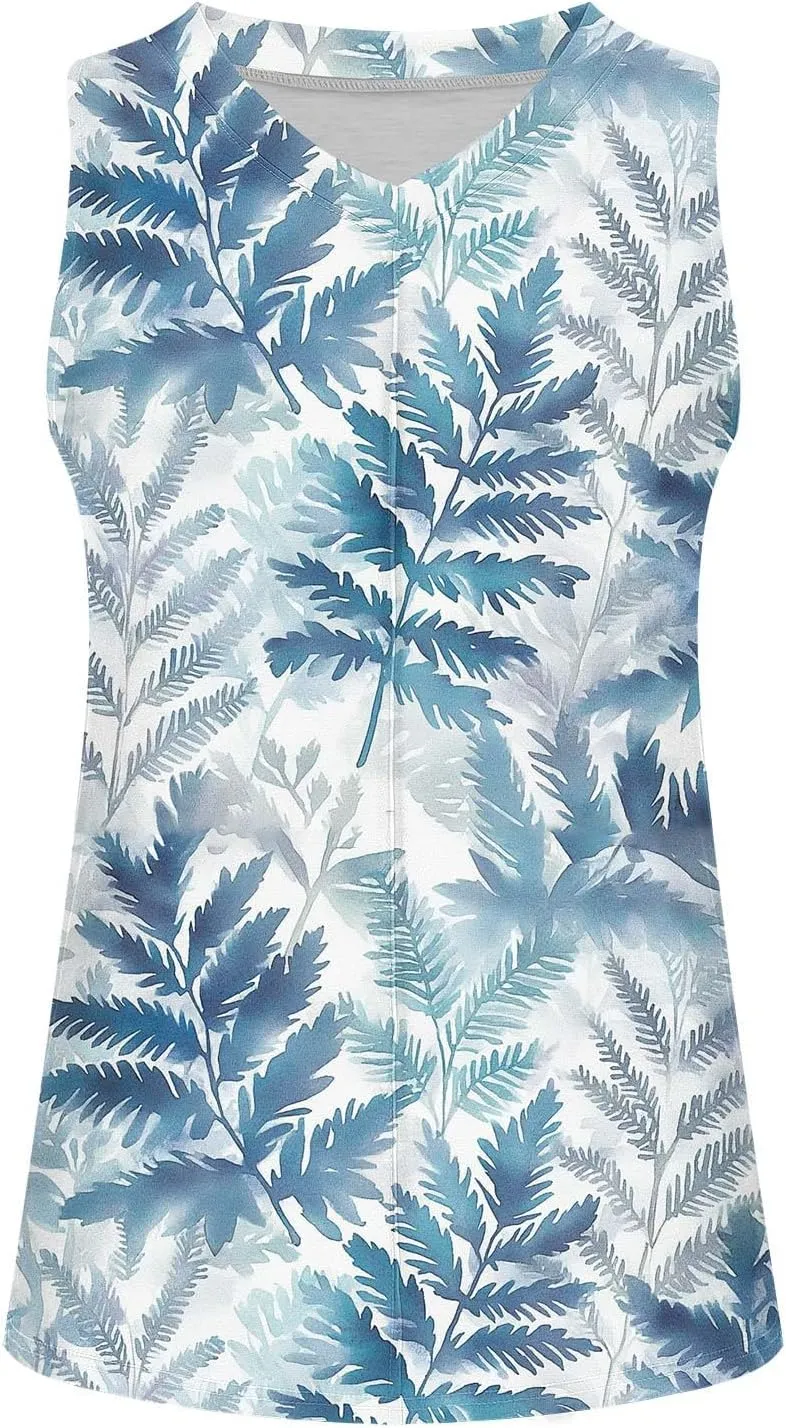 Womens Floral Print Beach Tank Tops V Neck Loose Fit Basic Tees Casual Summer Tops Side Split Sleeveless Shirts