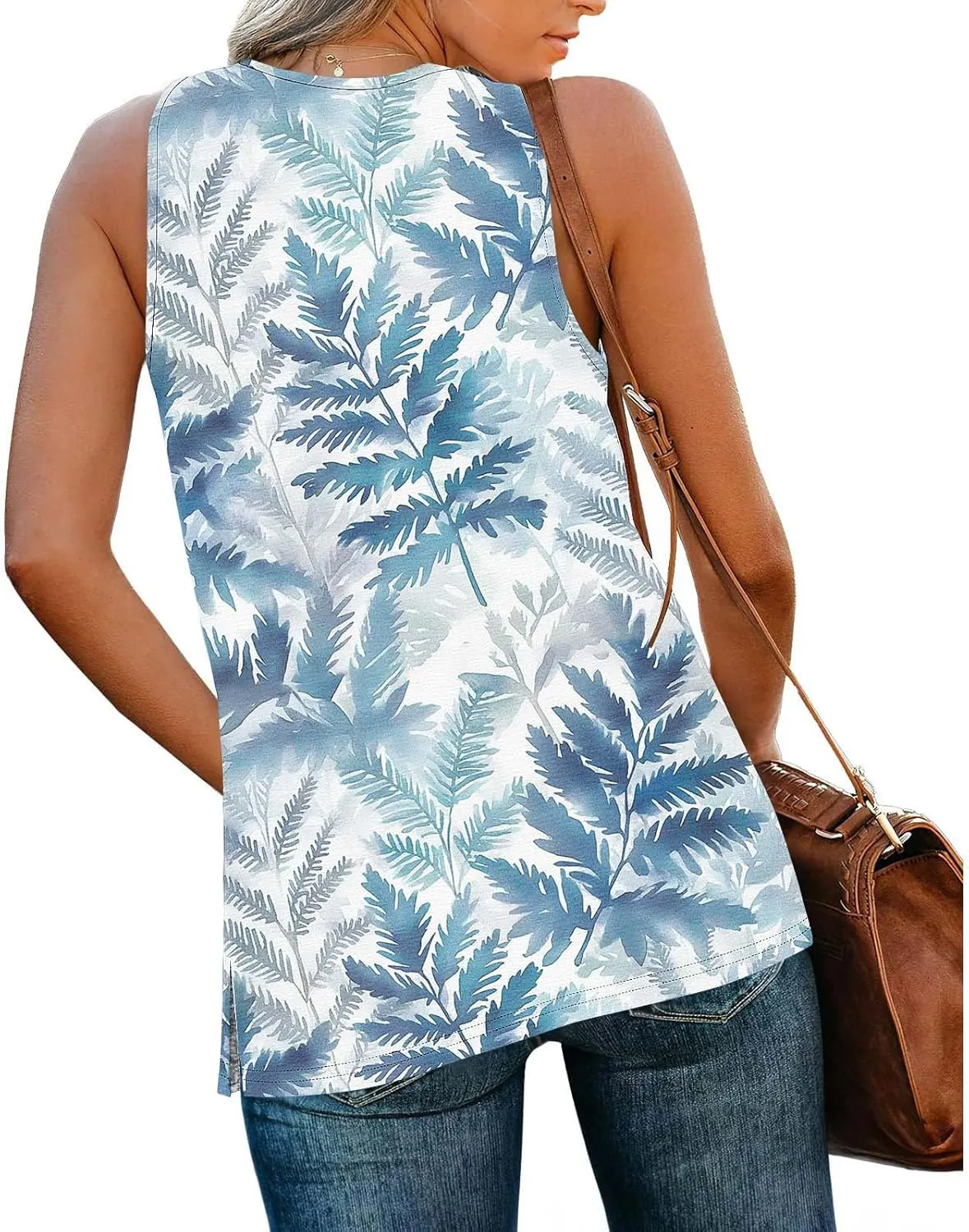 Womens Floral Print Beach Tank Tops V Neck Loose Fit Basic Tees Casual Summer Tops Side Split Sleeveless Shirts