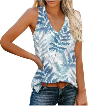 Womens Floral Print Beach Tank Tops V Neck Loose Fit Basic Tees Casual Summer Tops Side Split Sleeveless Shirts