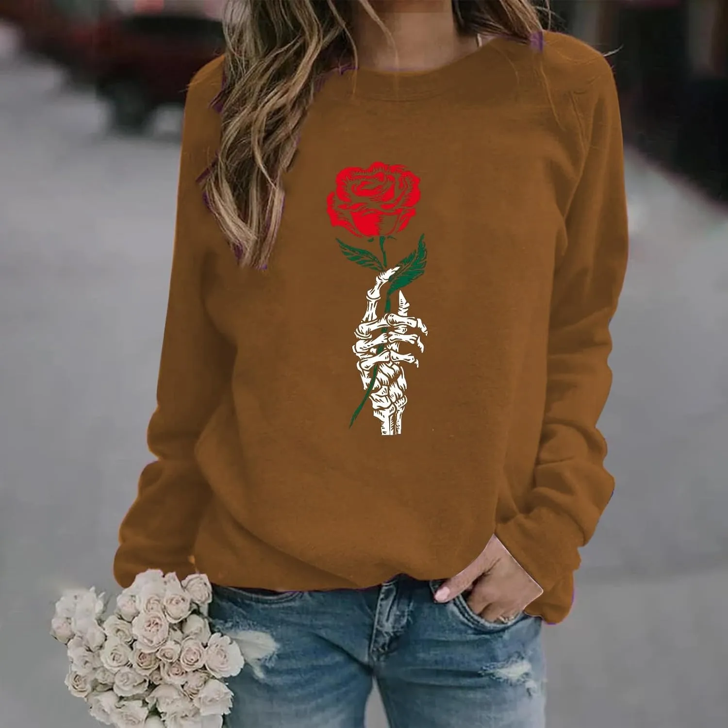 Womens Floral Print Sweatshirt Long Sleeve Crewneck Pullover Tops Fashion Lightweight Tunic Tops Fall Winter Tunic Tops