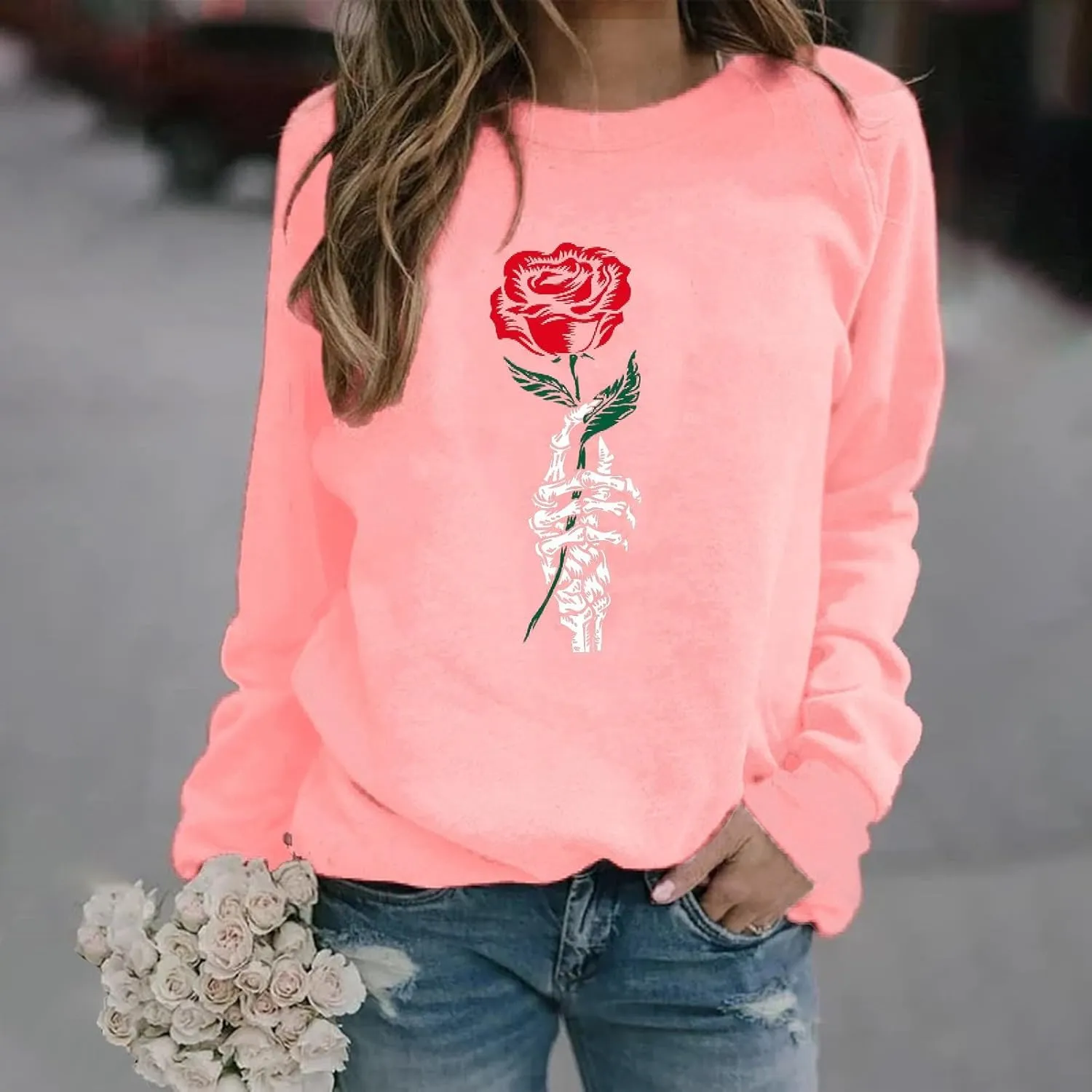 Womens Floral Print Sweatshirt Long Sleeve Crewneck Pullover Tops Fashion Lightweight Tunic Tops Fall Winter Tunic Tops