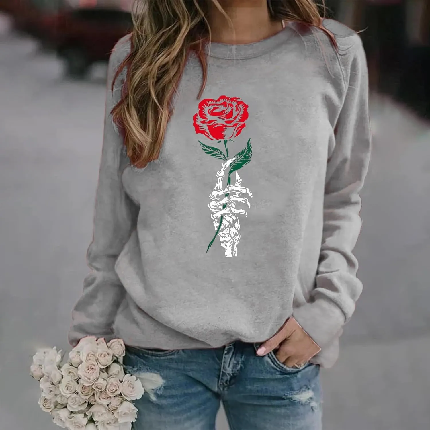 Womens Floral Print Sweatshirt Long Sleeve Crewneck Pullover Tops Fashion Lightweight Tunic Tops Fall Winter Tunic Tops
