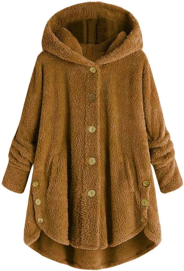 Womens Fuzzy Fleece Jacket Button Hem Plus Size Hoodie Top Sweater Blouse Outerwear with Pockets Women's Winter
