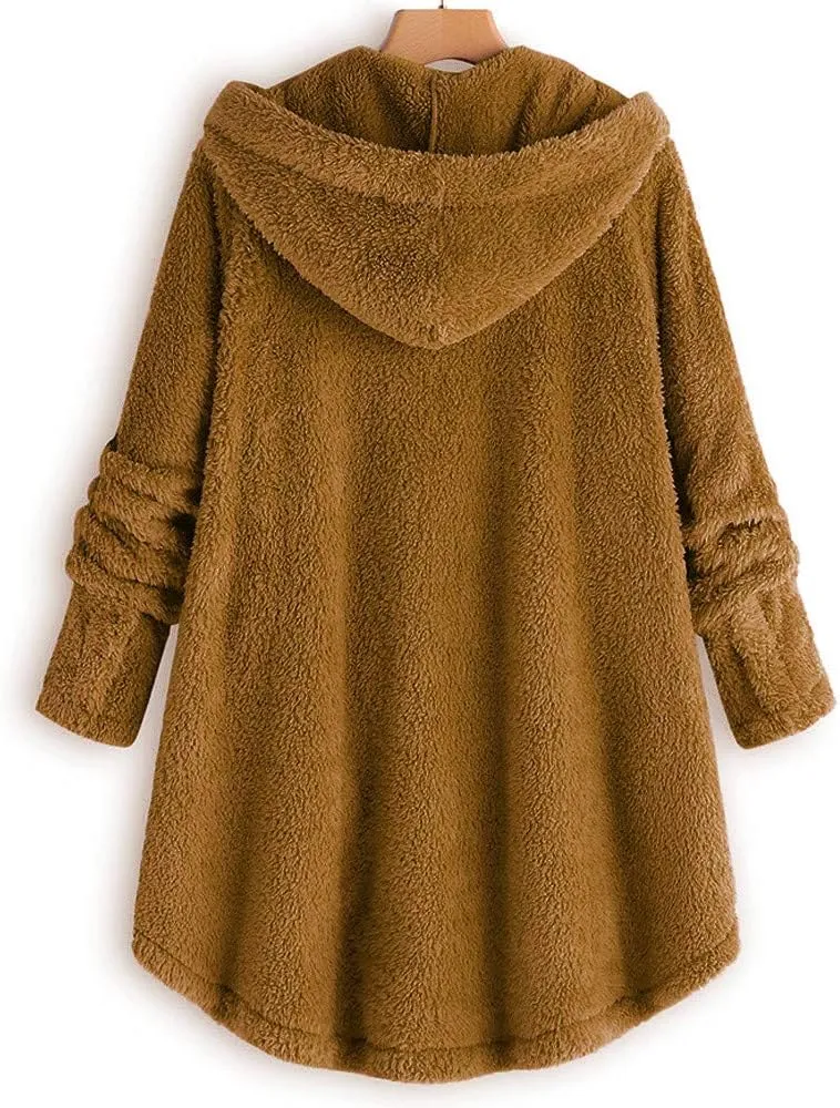 Womens Fuzzy Fleece Jacket Button Hem Plus Size Hoodie Top Sweater Blouse Outerwear with Pockets Women's Winter