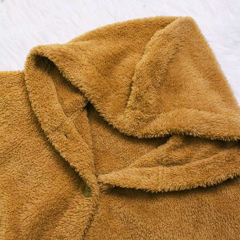 Womens Fuzzy Fleece Jacket Button Hem Plus Size Hoodie Top Sweater Blouse Outerwear with Pockets Women's Winter