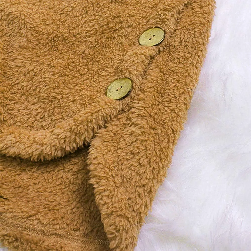 Womens Fuzzy Fleece Jacket Button Hem Plus Size Hoodie Top Sweater Blouse Outerwear with Pockets Women's Winter