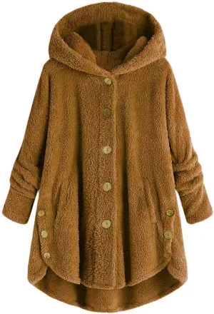 Womens Fuzzy Fleece Jacket Button Hem Plus Size Hoodie Top Sweater Blouse Outerwear with Pockets Women's Winter