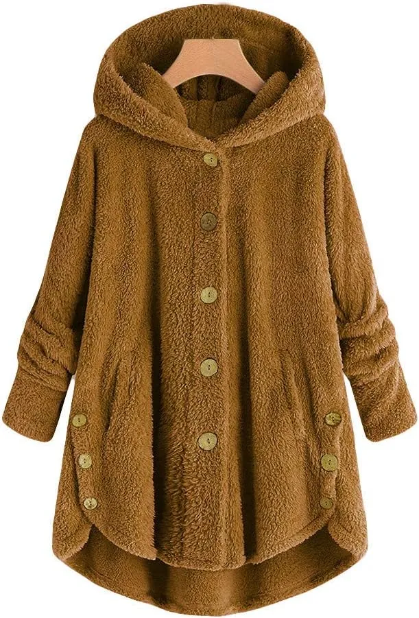 Womens Fuzzy Fleece Jacket Button Hem Plus Size Hoodie Top Sweater Blouse Outerwear with Pockets Women's Winter