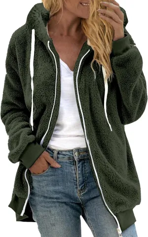 Womens Fuzzy Fleece Jacket Solid Color Artificial Wool Zipper Drawstring Long-Sleeved Hoodie Outerwear with Ladies