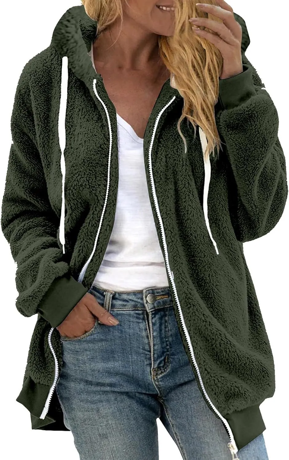 Womens Fuzzy Fleece Jacket Solid Color Artificial Wool Zipper Drawstring Long-Sleeved Hoodie Outerwear with Ladies
