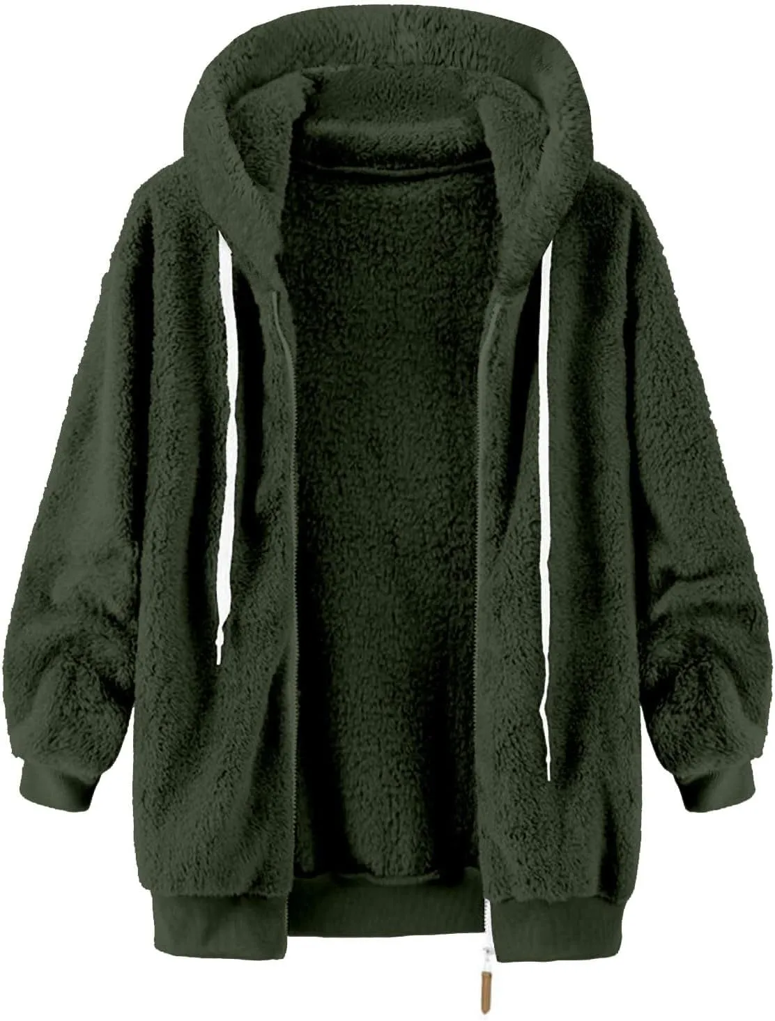 Womens Fuzzy Fleece Jacket Solid Color Artificial Wool Zipper Drawstring Long-Sleeved Hoodie Outerwear with Ladies