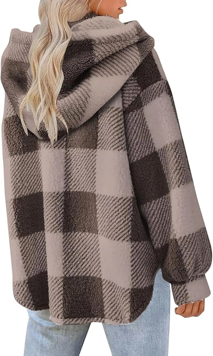 Womens Fuzzy Fleece Plaid Jacket Flannel Hooded Button Down Outerwear Fashion Lightweight Open Front Sherpa Cardigan