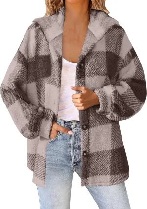 Womens Fuzzy Fleece Plaid Jacket Flannel Hooded Button Down Outerwear Fashion Lightweight Open Front Sherpa Cardigan
