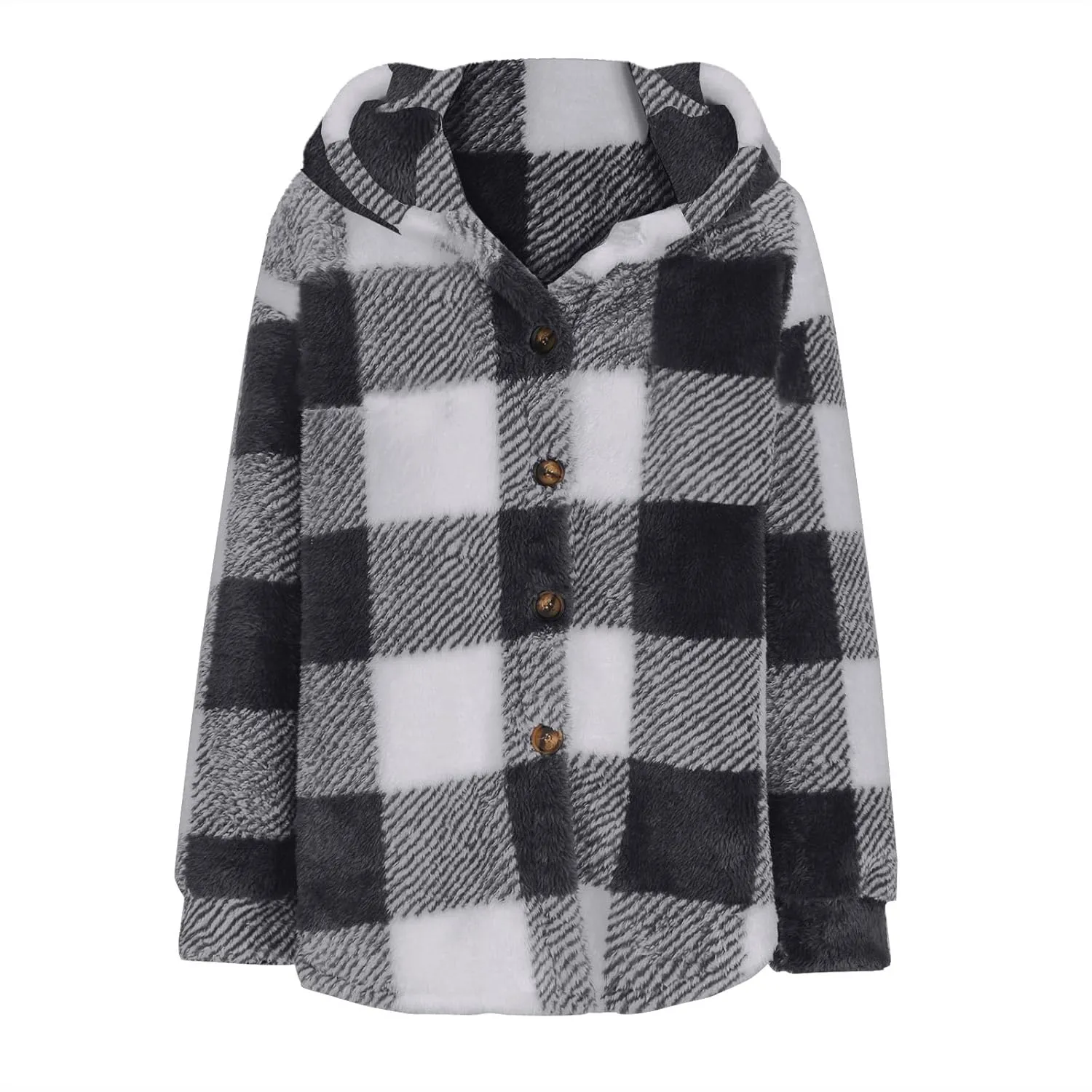 Womens Fuzzy Fleece Plaid Jacket Flannel Hooded Button Down Outerwear Fashion Lightweight Open Front Sherpa Cardigan