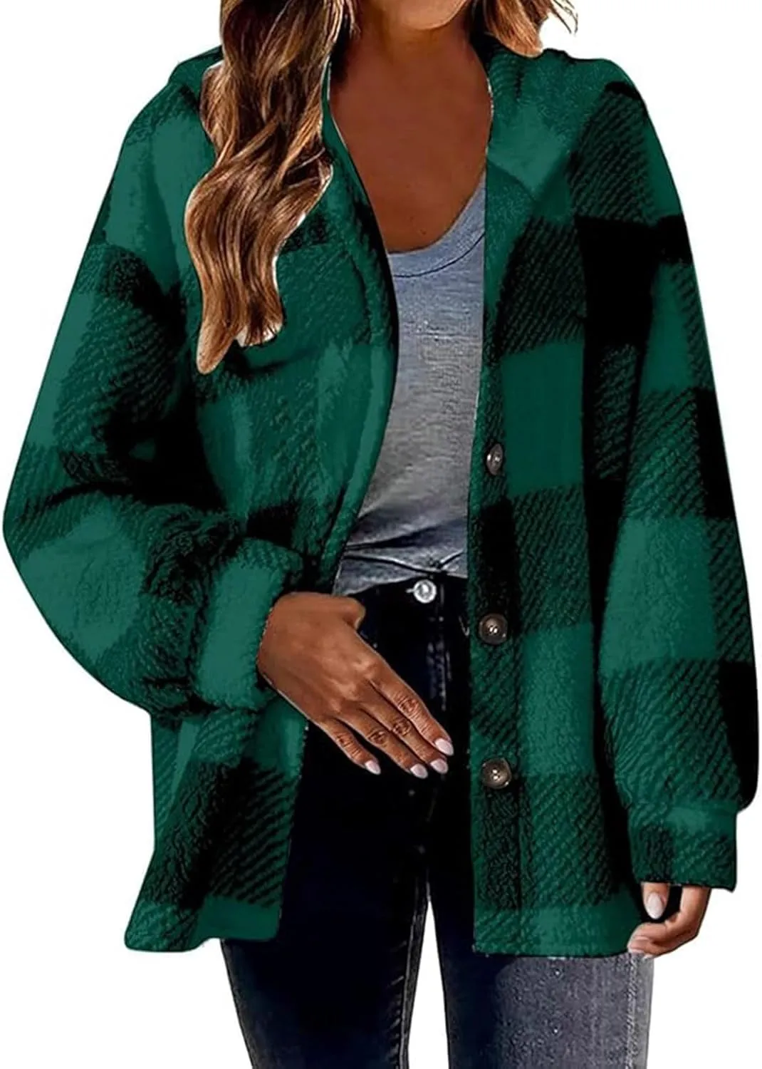 Womens Fuzzy Fleece Plaid Jacket Flannel Hooded Button Down Outerwear Fashion Lightweight Open Front Sherpa Cardigan