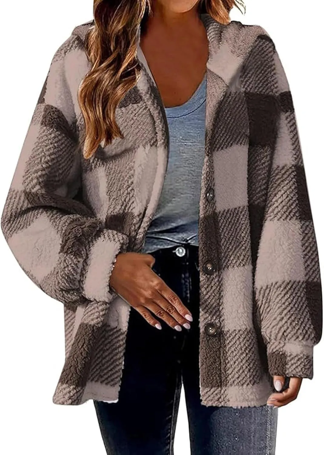 Womens Fuzzy Fleece Plaid Jacket Flannel Hooded Button Down Outerwear Fashion Lightweight Open Front Sherpa Cardigan