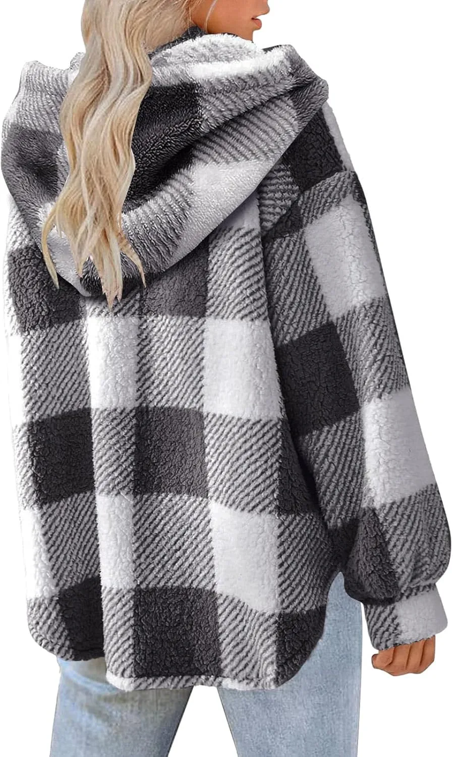 Womens Fuzzy Fleece Plaid Jacket Flannel Hooded Button Down Outerwear Fashion Lightweight Open Front Sherpa Cardigan
