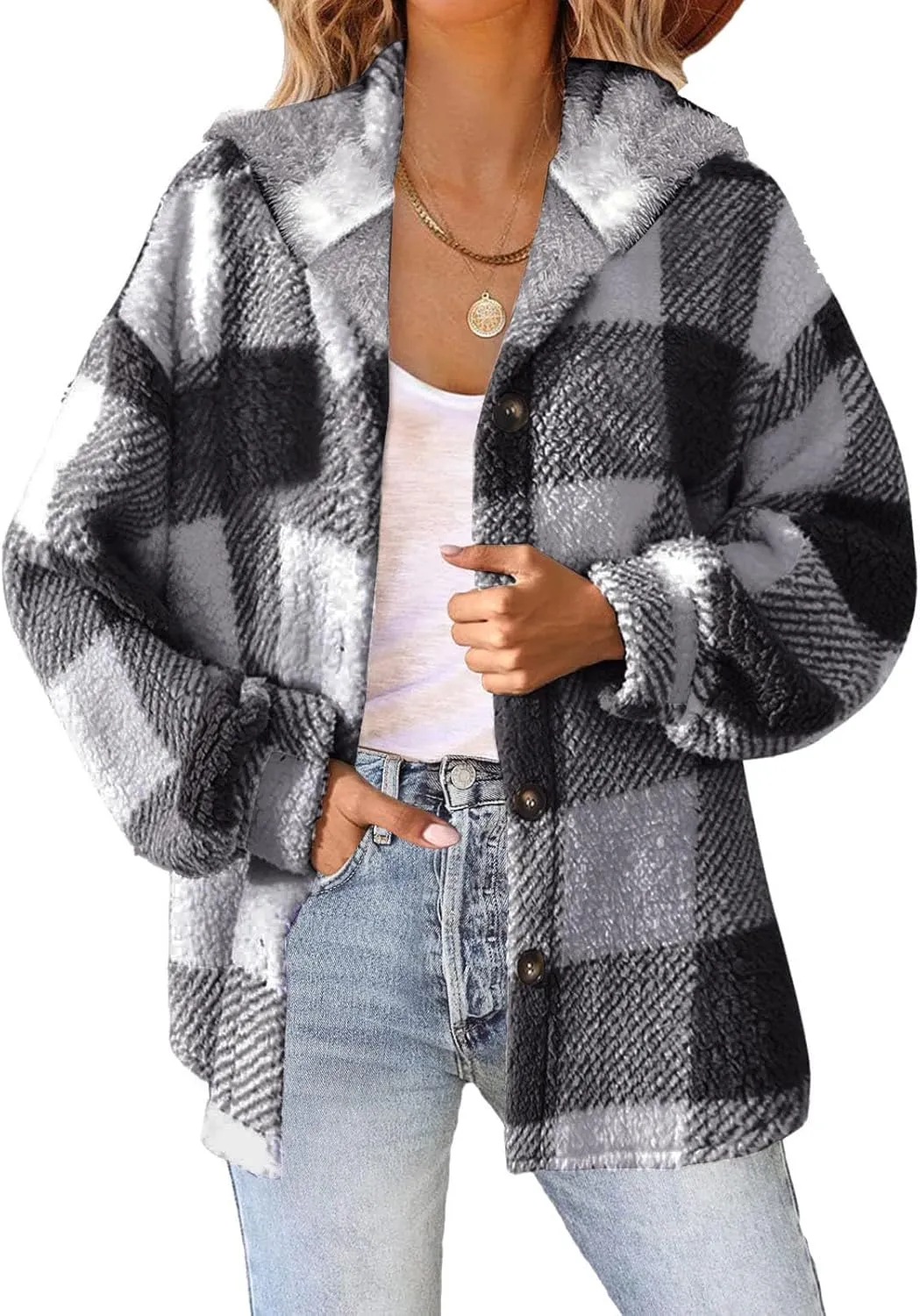 Womens Fuzzy Fleece Plaid Jacket Flannel Hooded Button Down Outerwear Fashion Lightweight Open Front Sherpa Cardigan