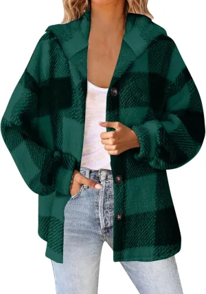 Womens Fuzzy Fleece Plaid Jacket Flannel Hooded Button Down Outerwear Fashion Lightweight Open Front Sherpa Cardigan