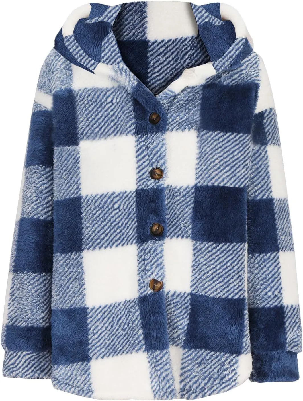 Womens Fuzzy Fleece Plaid Jacket Flannel Hooded Button Down Outerwear Fashion Lightweight Open Front Sherpa Cardigan