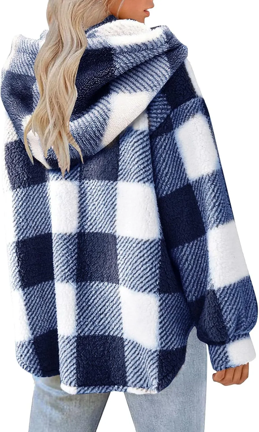 Womens Fuzzy Fleece Plaid Jacket Flannel Hooded Button Down Outerwear Fashion Lightweight Open Front Sherpa Cardigan