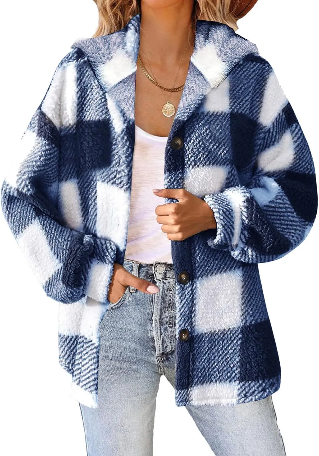 Womens Fuzzy Fleece Plaid Jacket Flannel Hooded Button Down Outerwear Fashion Lightweight Open Front Sherpa Cardigan